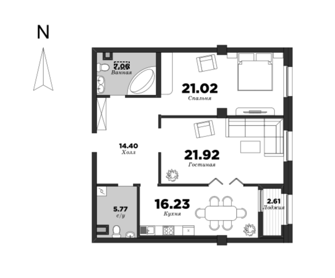 NEVA HAUS, Корпус 2, 2 спальни, 87.71 м² | планировка элитных квартир Санкт-Петербурга | М16